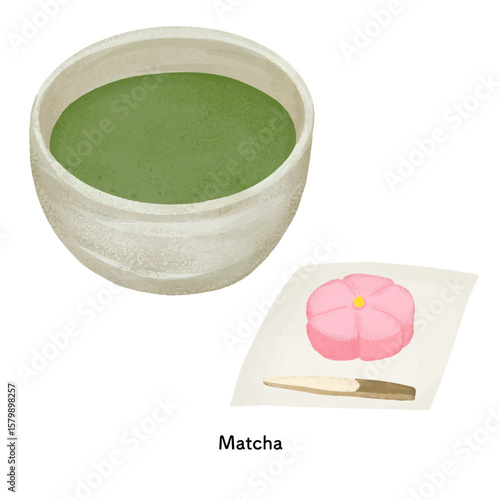 抹茶と練り切りの色鉛筆タッチのイラスト