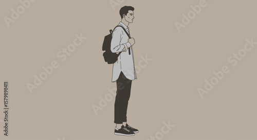 Flat vector of a male model wearing a longline shirt, slim chinos, sneakers, and a leather backpack