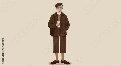 Flat vector modeling of a young man wearing a vintage corduroy jacket, round glasses, cropped trousers, and loafers