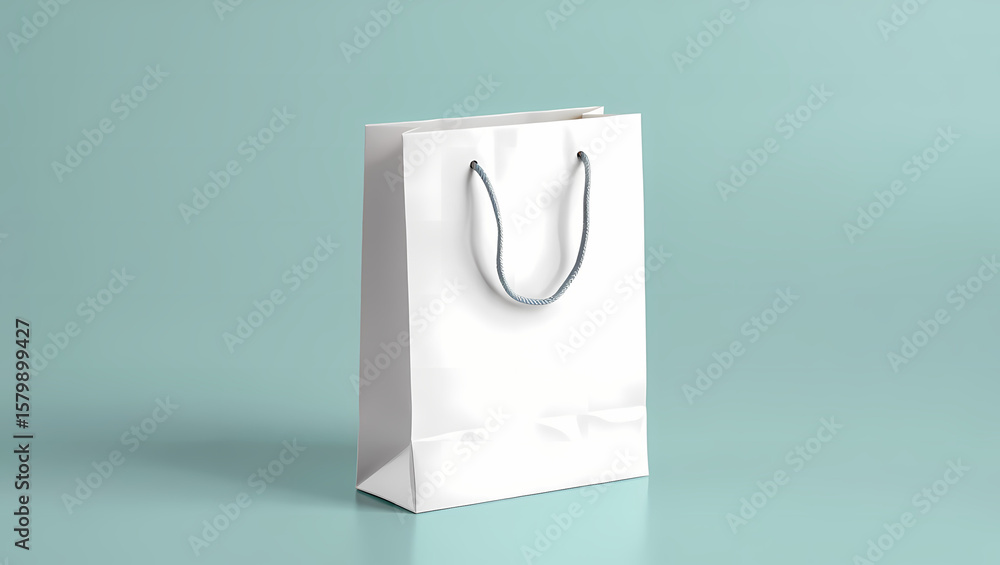 Clean Glossy White Paper Shopping Bag with Grey Rope Handles on a Soft Light Blue Background, Perfect for Retail Branding, Gifts, and Product Packaging Mockups.