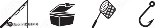 Fishing equipment icons including rod net hook and tackle box silhouette