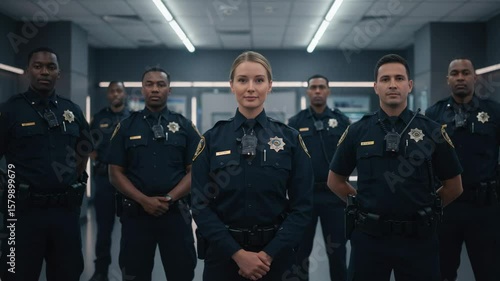 Diverse team of police officers standing together in a station. A confident female officer leads her multicultural law enforcement squad.