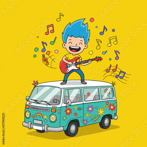Cartoon character with blue hair rocks electric guitar on flower-covered van, surrounded by music notes and rainbow designs.