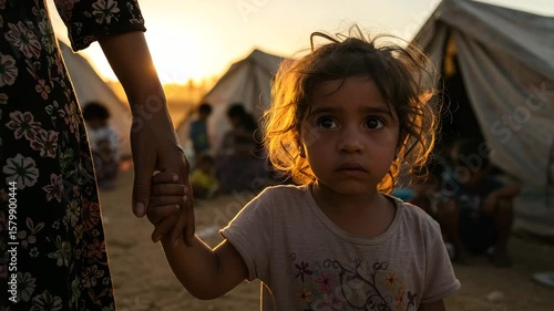 Young refugee girl holds her mother's hand in a refugee camp