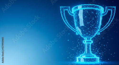 A glowing blue trophy symbolizes success, achievement, and victory in a digital and futuristic abstract design