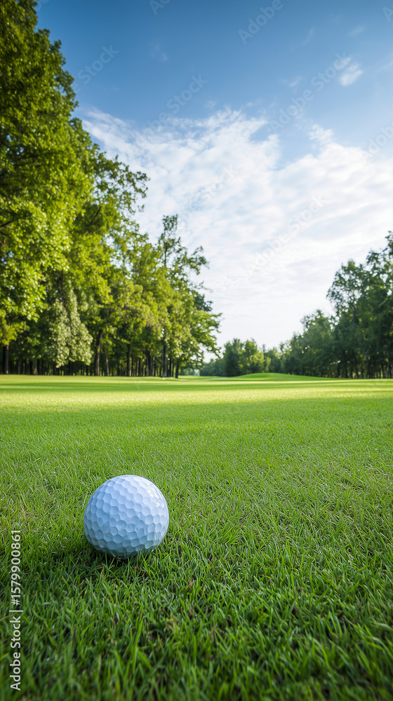 Fototapeta premium Golf ball on a lush green fairway, with a serene golf course landscape in background with copy space for text