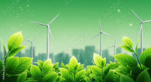 Wind turbines stand tall amidst lush green foliage, generating clean and renewable energy for a sustainable future, with a cityscape subtly visible in the background