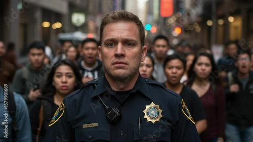 Caucasian male police officer with a shocked expression stands in front of a large, panicked crowd on a city street. Law enforcement responding to an emergency or crisis.