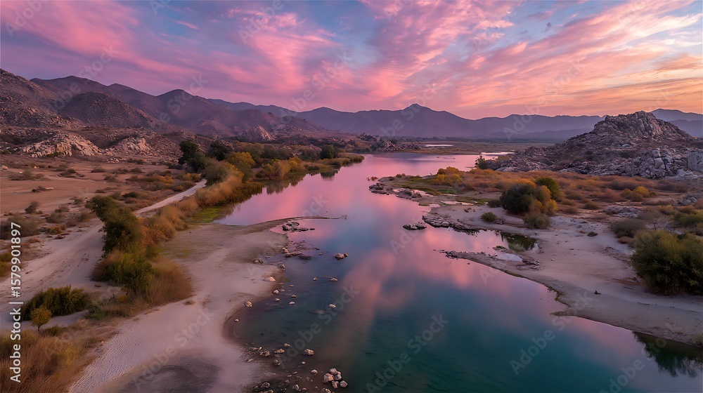 Naklejka premium River Landscape with Pink Clouds, Mountains, Rocks and Trees