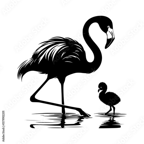 Elegant black silhouette of a flamingo and its chick in water