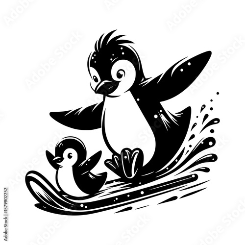 Joyful penguins sliding down a watery hill together