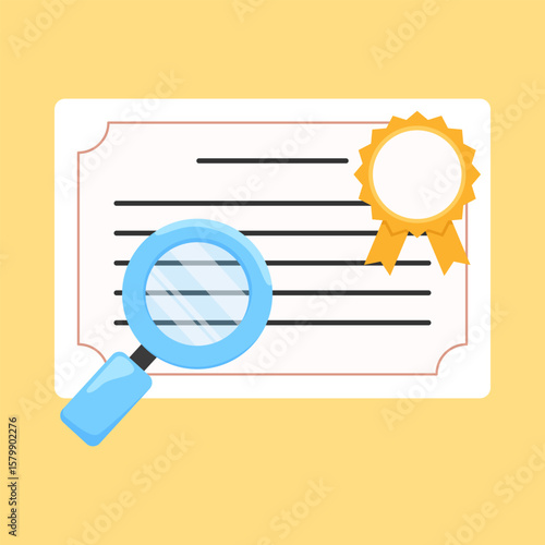 Certification Inspection: A close-up of a magnifying glass examining a certificate, highlighting the significance of validation and endorsement.