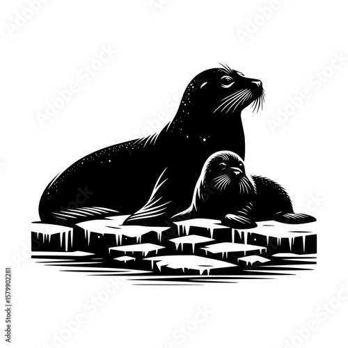 Two seals resting on ice floes in a stylized black and white illustration