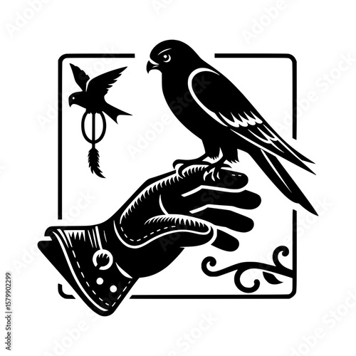 Black and white illustration of a falconer s gloved hand with a perched falcon and a flying bird