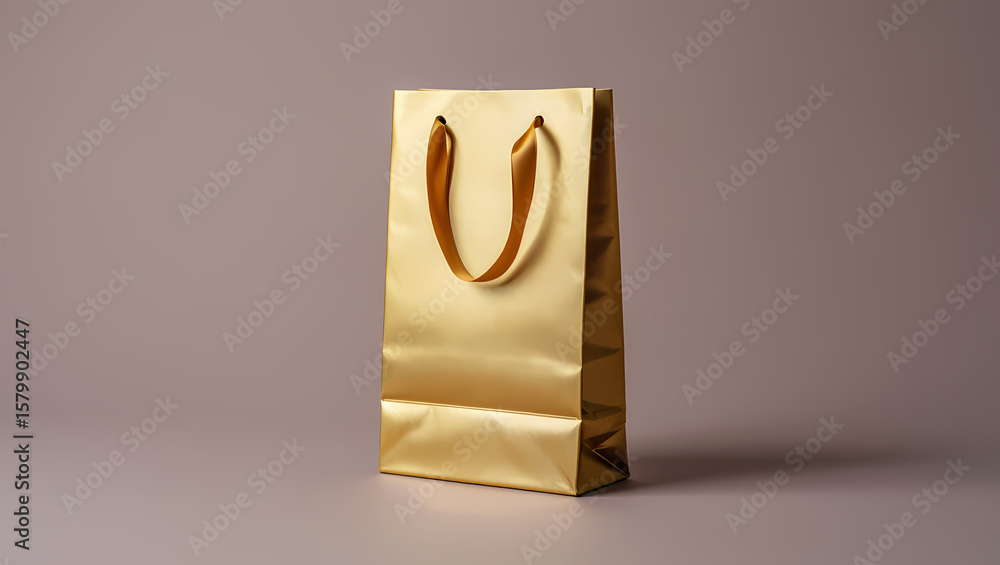 Elegant Gold Metallic Shopping Bag with Black Ribbon Handles on a Neutral Grey Background, Perfect for Luxury Retail, Festive Gifts, and Premium Product Packaging.