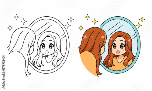 woman standing in front of mirror and looking at reflection coloring page for kids