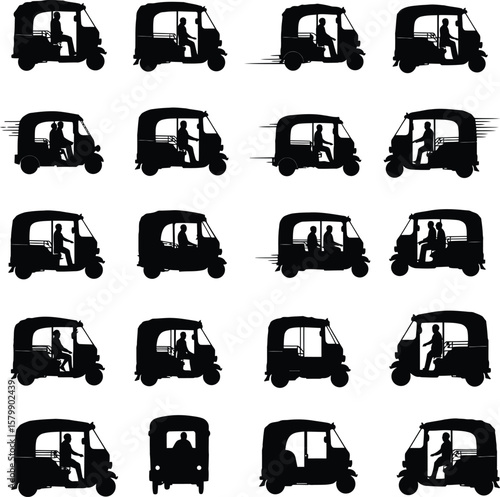 Auto Rickshaw & Tuk-Tuk Silhouettes Set: Diverse collection of three-wheeled vehicles with drivers and passengers in various motions, ideal for travel and transport designs.