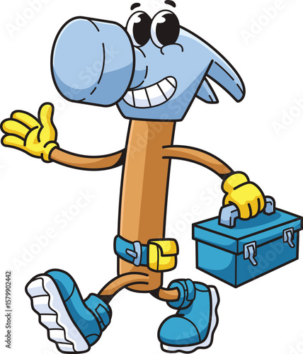 Hammer mascot character with warm pose and cheerful expression carrying vintage retro style cartoon handyman tools