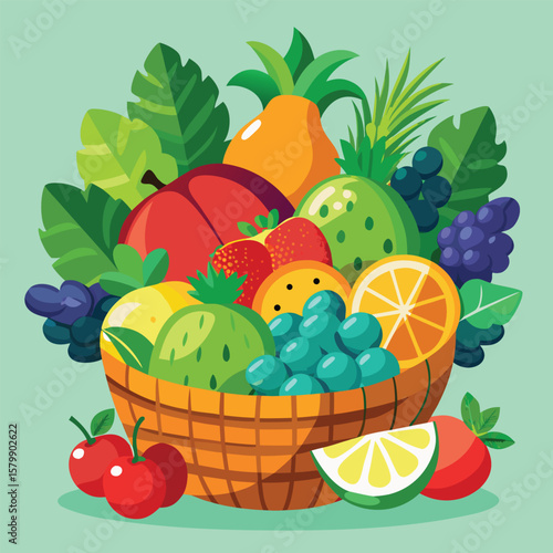 Fresh, ripe tropical fruits like pineapple, orange, banana, grape, kiwi, and red apple overflow from a healthy basket of isolated sweet citrus