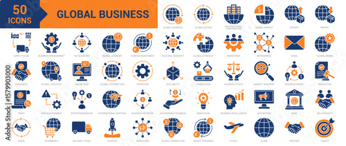 Global Business icon collection set. Containing globalization, outsourcing, multinational corporation, global market, export, import, supply chain, tariffs, agreement, trade icon. Simple flat vector