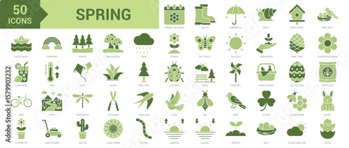 Spring icon collection set. Containing spring calendar, boots, umbrella, snail, bird house, paper boat, mushroom, rain, lemonade, sprout, flower, rainbow, forest, sunrise icon. Simple flat vector
