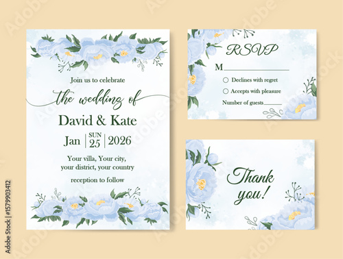 Blue flowers elegant wedding invitation set template Peonies design RSVP card