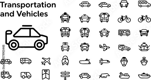 Vector transport vehicles icon set including car, bus, truck, bike, airplane, ship, train, and scooter. Great for logistics, travel, and delivery themes.

