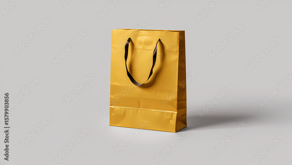 Elegant Gold Metallic Shopping Bag with Black Ribbon Handles on a Neutral Grey Background, Perfect for Luxury Retail, Festive Gifts, and Premium Product Packaging.
