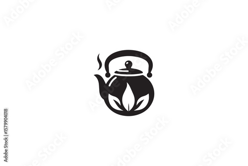 Elegant Herbal Tea Kettle with Leaf Design in Black and White Silhouette