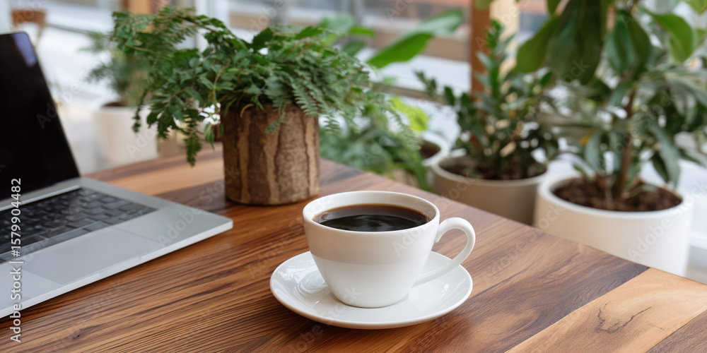 Creating a minimal workspace laptop and coffee setup in a cozy home office environment for enhanced productivity Creating a minimal workspace laptop and coffee setup in a cozy home office environment for enhanced productivity
