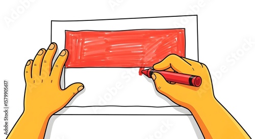 Child's hands coloring a red rectangle on a piece of paper.