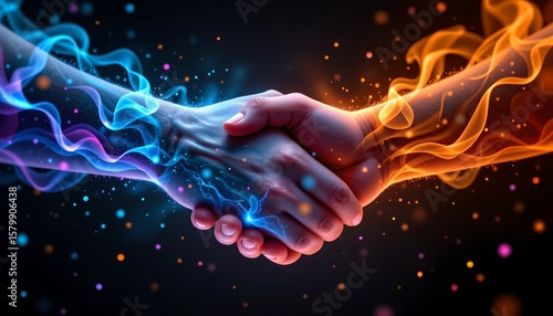 the image shows a handshake, rendered in a visually striking and abstract manner, the hands are the main subject