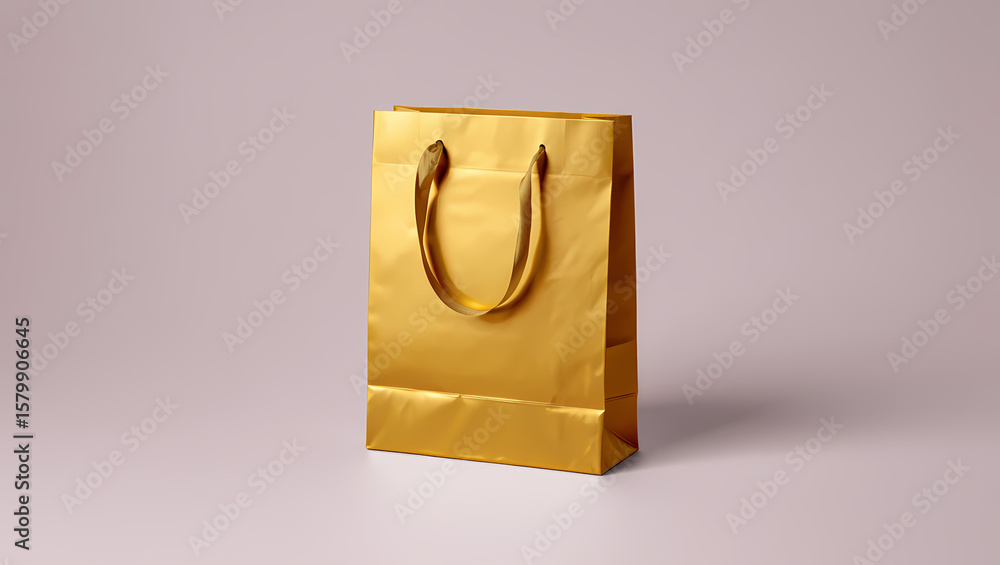 Elegant Gold Metallic Shopping Bag with Black Ribbon Handles on a Neutral Grey Background, Perfect for Luxury Retail, Festive Gifts, and Premium Product Packaging.