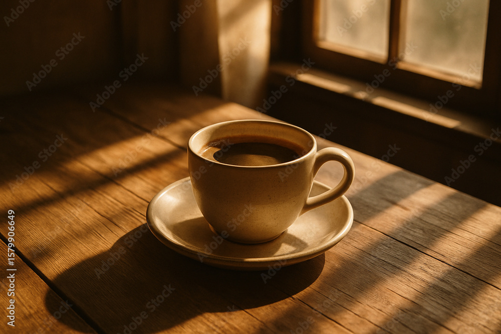 Obraz premium Warm Cup of Coffee on Wooden Table with Morning Light