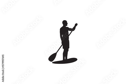 A man paddleboarding on a stand up paddle board depicted in a bold black silhouette style against a clean white background silhouette