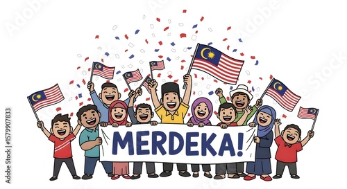 Cartoon depiction of a Malaysian celebration, featuring diverse people holding flags and a banner.