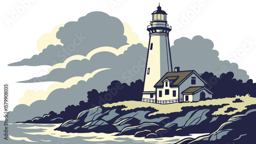 Impressionistic watercolor of a lighthouse amid dark cloudy forms in white background vector illustration. 
