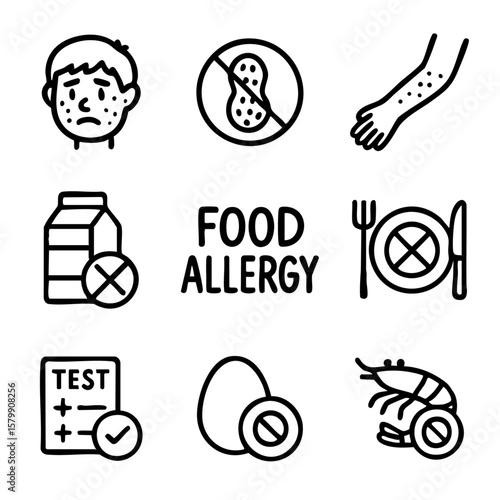 A set of doodle line icons about food allergy, featuring allergens like peanuts, dairy, eggs, and symptoms like rashes or testing