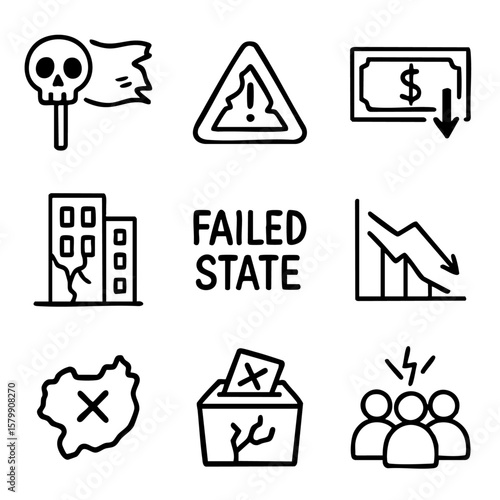 A set of doodle line icons representing failed state conditions like economic collapse, corruption, conflict, broken elections, and infrastructure damage