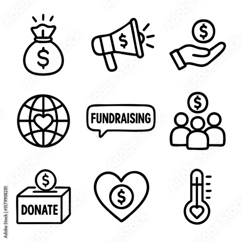 A set of doodle line icons for fundraising themes including donations, charity, giving, community support, and global generosity symbols