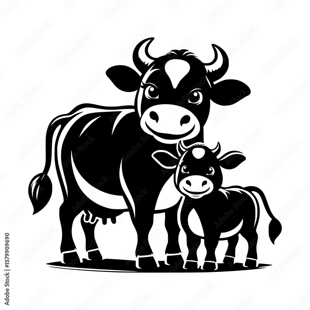 Fototapeta premium Adorable black and white cartoon cow and calf standing together