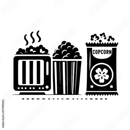 Three black and white popcorn containers with copcorn label