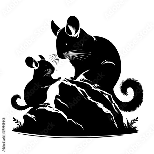 Two chinchillas bonding on a rocky outcropping in silhouette
