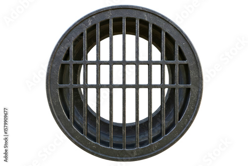 Top-down view of a circular metal manhole cover and drain grate isolated on a transparent background