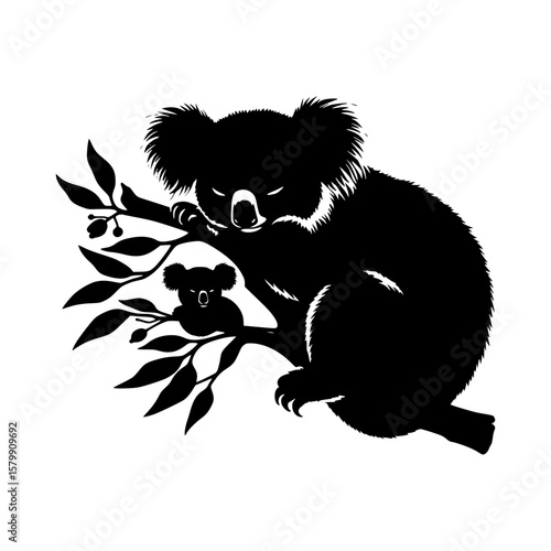 Mother and baby koala silhouette resting on eucalyptus branches