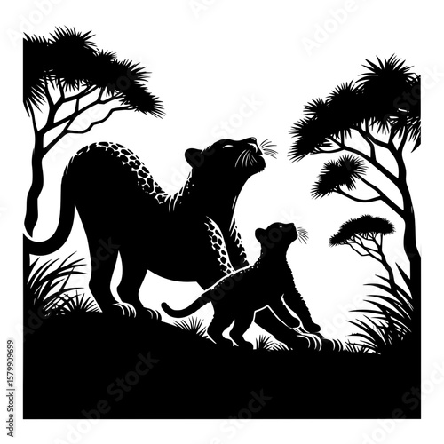 Leopard mother and cub silhouette gazing upwards in african savanna