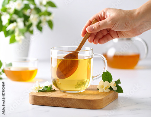 Hand Stirring a Beverage in a Glass Cup – Close-Up of Finger Holding Spoon Mixing Hot or Cold Drink, Smooth Swirl Motion, Relaxing Moment, Suitable for Coffee, Tea, or Juice Concepts

