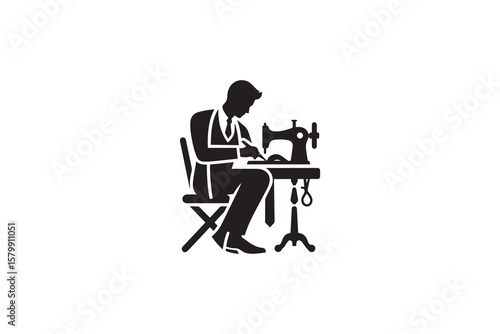 Tailor at Work with Sewing Machine Silhouette Crafting and Designing Clothes a Skilled Artisan in a Minimalist Silhouette Style