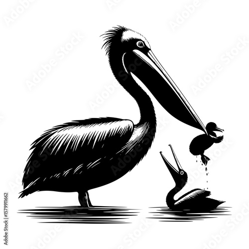 A pelican parent feeds its hungry chicks in a striking black and white illustration