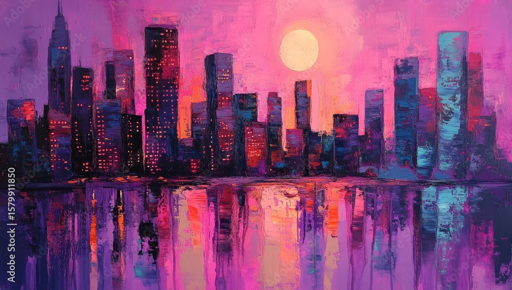Abstract cityscape at sunset. Vibrant urban scene reflected in water with bold brushstrokes of purple, pink, and teal. City buildings stand against a colorful sky, featuring a large sun Abstract cityscape at sunset. Vibrant urban scene reflected in water with bold brushstrokes of purple, pink, and teal. City buildings stand against a colorful sky, featuring a large sun